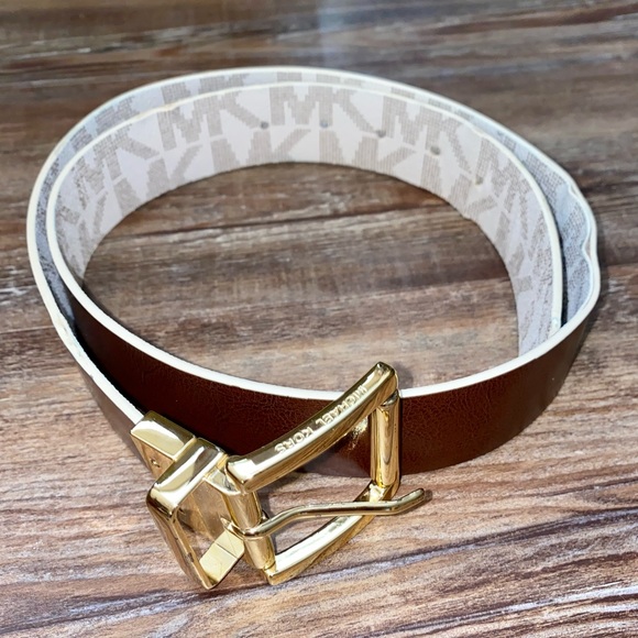 MK MICHAEL KORS SOLID BROWN/LOGO BELT GOLD 40” REVERSIBLE METAL TURN BUCKLE